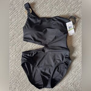 Michael Kors Elegant Black Swimsuit gold hardware side cut out design size 8